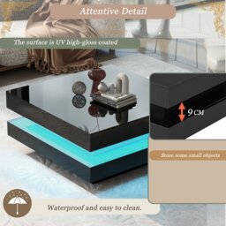 Stylish High Gloss Coffee Table with Rotating Top, 16-Colour LED Light, Lift Top Rectangular Sofa Table for Living Room, 70x70x36 cm, Black - Aosom.UK - thumbnail 5