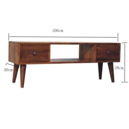 Solid Mango Wood Coffee Table with Deep Stain Finish, 2 Drawers, Open Shelf, Handcrafted Desk for Living Room, 30L x 100W x 38H cm, Brown - Aosom UK - thumbnail 3