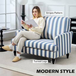 HOMCOM Modern Accent Chair, Velvet Armchair with Stripe, Turned Legs and Wide Seat, Upholstered Snuggle Chair for Living Room, Bedroom, Blue and White - thumbnail 4