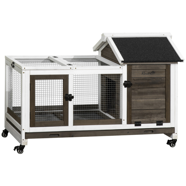 PawHut Wooden Rabbit Hutch with Wheels, Guinea Pig Cage, Small Animal House for with Slide-out Tray, 108 x 58 x 73.5cm, Coffee - Aosom UK - image 1