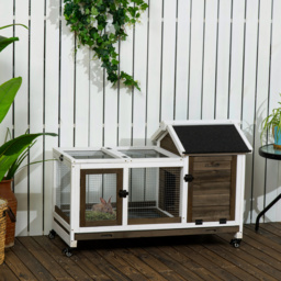 PawHut Wooden Rabbit Hutch with Wheels, Guinea Pig Cage, Small Animal House for with Slide-out Tray, 108 x 58 x 73.5cm, Coffee - Aosom UK - thumbnail 2