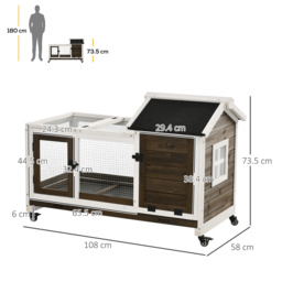 PawHut Wooden Rabbit Hutch with Wheels, Guinea Pig Cage, Small Animal House for with Slide-out Tray, 108 x 58 x 73.5cm, Coffee - Aosom UK - thumbnail 3