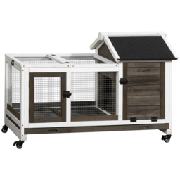 PawHut Wooden Rabbit Hutch with Wheels, Guinea Pig Cage, Small Animal House for with Slide-out Tray, 108 x 58 x 73.5cm, Coffee - Aosom UK - thumbnail 1