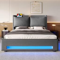 Modern Upholstered Bed with Dual USB‑C Ports and LED Lighting, Bed Frame with Hydraulic Lift Storage, 152.5L x 210W x 114H cm, Dark Gray - Aosom UK