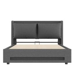 Modern Upholstered Bed with Dual USB‑C Ports and LED Lighting, Bed Frame with Hydraulic Lift Storage, 152.5L x 210W x 114H cm, Dark Gray - Aosom UK - thumbnail 2