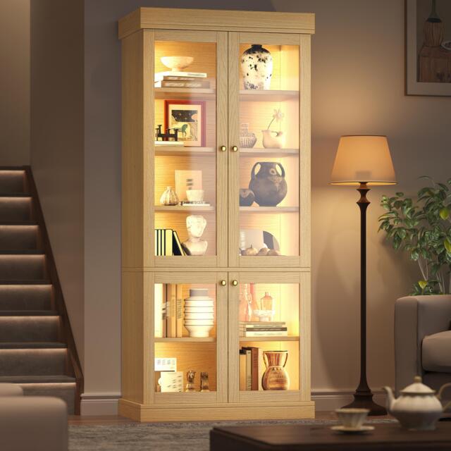 Modern Display Cabinet with Height-Adjustable Shelves, LED Lighted Tall Showcase for Industrial Interiors, 80L x 40W x 180H cm, Natural - Aosom UK - image 1