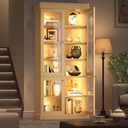 Modern Display Cabinet with Height-Adjustable Shelves, LED Lighted Tall Showcase for Industrial Interiors, 80L x 40W x 180H cm, Natural - Aosom UK - thumbnail 8