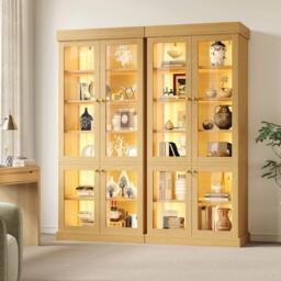 Modern Display Cabinet with Height-Adjustable Shelves, LED Lighted Tall Showcase for Industrial Interiors, 80L x 40W x 180H cm, Natural - Aosom UK - thumbnail 9