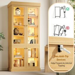 Modern Display Cabinet with Height-Adjustable Shelves, LED Lighted Tall Showcase for Industrial Interiors, 80L x 40W x 180H cm, Natural - Aosom UK - thumbnail 5