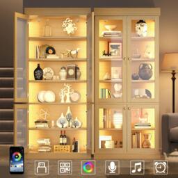 Modern Display Cabinet with Height-Adjustable Shelves, LED Lighted Tall Showcase for Industrial Interiors, 80L x 40W x 180H cm, Natural - Aosom UK - thumbnail 7
