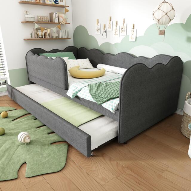 Upholstered Daybed with Pull-Out Trundle & Removable Front Rail, Space-Saving Sofa Bed for Compact Flats, 197L x 99W x 70H cm, Grey - Aosom UK - image 1