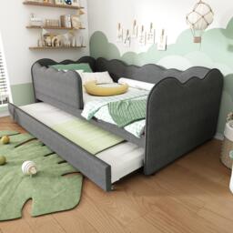Upholstered Daybed with Pull-Out Trundle & Removable Front Rail, Space-Saving Sofa Bed for Compact Flats, 197L x 99W x 70H cm, Grey - Aosom UK - thumbnail 1