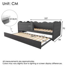 Upholstered Daybed with Pull-Out Trundle & Removable Front Rail, Space-Saving Sofa Bed for Compact Flats, 197L x 99W x 70H cm, Grey - Aosom UK - thumbnail 3