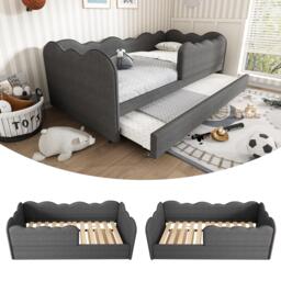 Upholstered Daybed with Pull-Out Trundle & Removable Front Rail, Space-Saving Sofa Bed for Compact Flats, 197L x 99W x 70H cm, Grey - Aosom UK - thumbnail 7