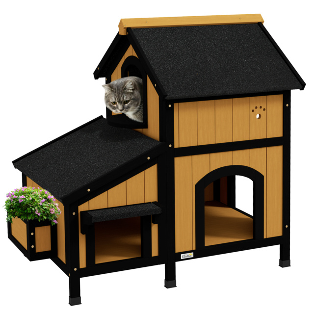 PawHut Wooden Cat House with Flower Pot, Windows, Multiple Entrances, Water-Resistant Roof for Outdoor - Yellow - image 1