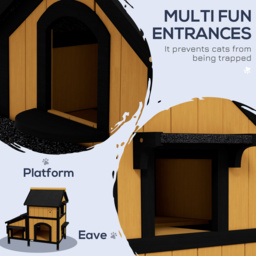 PawHut Wooden Cat House with Flower Pot, Windows, Multiple Entrances, Water-Resistant Roof for Outdoor - Yellow - thumbnail 4