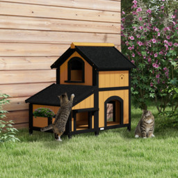 PawHut Wooden Cat House with Flower Pot, Windows, Multiple Entrances, Water-Resistant Roof for Outdoor - Yellow - thumbnail 2