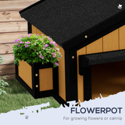 PawHut Wooden Cat House with Flower Pot, Windows, Multiple Entrances, Water-Resistant Roof for Outdoor - Yellow - thumbnail 5