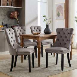 Set of 4 Velvet Dining Chairs with Button Tufted Backrest, Solid Rubber Wood Legs, Suitable for Dining Room, 50L x 64W x 96H cm, Grey - Aosom.UK - thumbnail 6