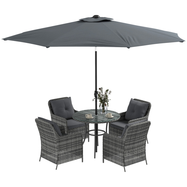Outsunny 6 Pieces Garden Dining Set, 4 Seater Rattan Dining Set Outdoor with Umbrella, Cushions, Tempered Glass Top Table - Aosom UK - image 1