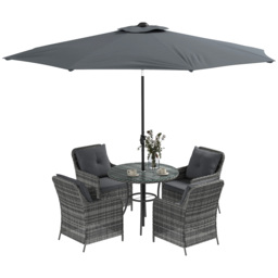 Outsunny 6 Pieces Garden Dining Set, 4 Seater Rattan Dining Set Outdoor with Umbrella, Cushions, Tempered Glass Top Table - Aosom UK - thumbnail 1