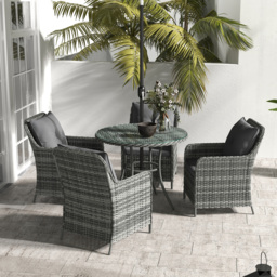 Outsunny 6 Pieces Garden Dining Set, 4 Seater Rattan Dining Set Outdoor with Umbrella, Cushions, Tempered Glass Top Table - Aosom UK - thumbnail 8