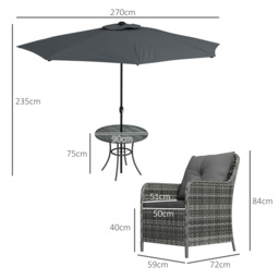 Outsunny 6 Pieces Garden Dining Set, 4 Seater Rattan Dining Set Outdoor with Umbrella, Cushions, Tempered Glass Top Table - Aosom UK - thumbnail 3