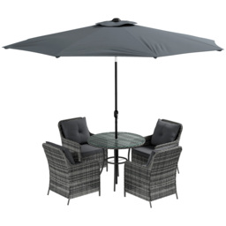 Outsunny 6 Pieces Garden Dining Set, 4 Seater Rattan Dining Set Outdoor with Umbrella, Cushions, Tempered Glass Top Table - Aosom UK