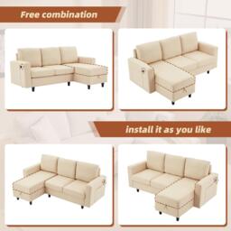 L-Shaped 3 Seater Couch Sofa with Reversible Chaise, Type-C Charging, Convertible Sleeper for Living Room, 180x120x72 cm, Beige - Aosom UK - thumbnail 6