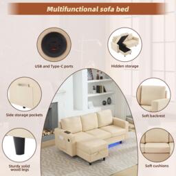 L-Shaped 3 Seater Couch Sofa with Reversible Chaise, Type-C Charging, Convertible Sleeper for Living Room, 180x120x72 cm, Beige - Aosom UK - thumbnail 4