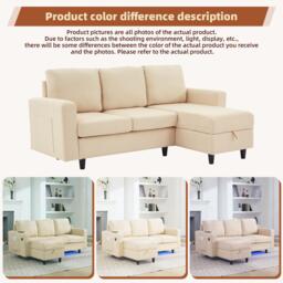 L-Shaped 3 Seater Couch Sofa with Reversible Chaise, Type-C Charging, Convertible Sleeper for Living Room, 180x120x72 cm, Beige - Aosom UK - thumbnail 7