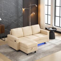 L-Shaped 3 Seater Couch Sofa with Reversible Chaise, Type-C Charging, Convertible Sleeper for Living Room, 180x120x72 cm, Beige - Aosom UK - thumbnail 1