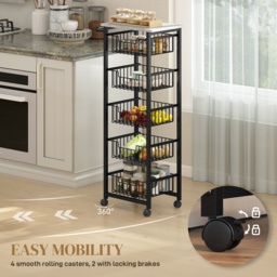 HOMCOM Five Basket Mobile Kitchen Island, with Brakes - Grey/Black - thumbnail 5