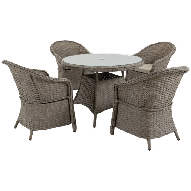 Outsunny 5 Pieces Outdoor Patio PE Rattan Dining Set, 4 Chairs & Round Table with Umbrella Hole for Small Garden, Mixed Grey - Aosom UK - image 1
