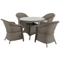 Outsunny 5 Pieces Outdoor Patio PE Rattan Dining Set, 4 Chairs & Round Table with Umbrella Hole for Small Garden, Mixed Grey - Aosom UK - thumbnail 1