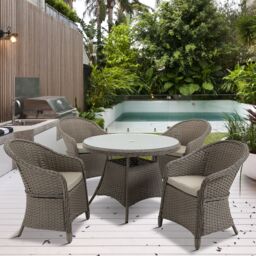 Outsunny 5 Pieces Outdoor Patio PE Rattan Dining Set, 4 Chairs & Round Table with Umbrella Hole for Small Garden, Mixed Grey - Aosom UK - thumbnail 2