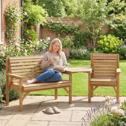 Outsunny Wooden Garden Furniture Set , 1 Chair, 1 Bench and Detachable Table, Natural Wood Finish - thumbnail 2