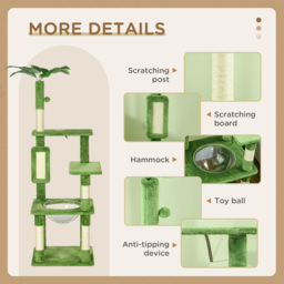 PawHut 142cm Cat Tree Tower, with Scratching Post, Hammock, Toy Ball, Platforms - Green - thumbnail 6