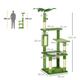 PawHut 142cm Cat Tree Tower, with Scratching Post, Hammock, Toy Ball, Platforms - Green - thumbnail 3