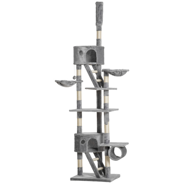 PawHut Floor to Ceiling Cat Tree for Indoor Cats 240-260cm Adjustable Height Light Grey - Aosom UK - image 1