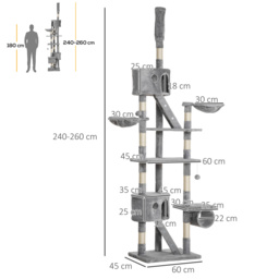 PawHut Floor to Ceiling Cat Tree for Indoor Cats 240-260cm Adjustable Height Light Grey - Aosom UK - thumbnail 3