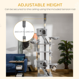 PawHut Floor to Ceiling Cat Tree for Indoor Cats 240-260cm Adjustable Height Light Grey - Aosom UK - thumbnail 4