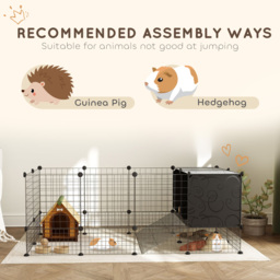 PawHut DIY Small Animal Cage with Elevated Huts, C&C Cage for Guinea Pigs, Hedgehogs, Rabbits, 31 Panels, Black - thumbnail 7