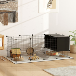 PawHut DIY Small Animal Cage with Elevated Huts, C&C Cage for Guinea Pigs, Hedgehogs, Rabbits, 31 Panels, Black - thumbnail 2