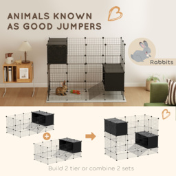 PawHut DIY Small Animal Cage with Elevated Huts, C&C Cage for Guinea Pigs, Hedgehogs, Rabbits, 31 Panels, Black - thumbnail 8