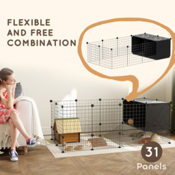 PawHut DIY Small Animal Cage with Elevated Huts, C&C Cage for Guinea Pigs, Hedgehogs, Rabbits, 31 Panels, Black - thumbnail 4
