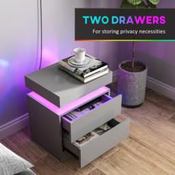 HOMCOM Grey Bedside Table with LED Light, High Gloss Front Nightstand with 2 Drawers, for Living Room, Bedroom - thumbnail 6