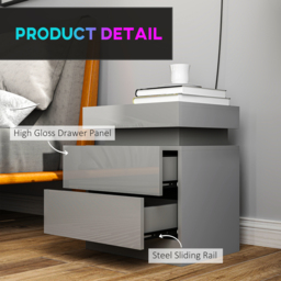 HOMCOM Grey Bedside Table with LED Light, High Gloss Front Nightstand with 2 Drawers, for Living Room, Bedroom - thumbnail 7