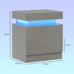 HOMCOM Grey Bedside Table with LED Light, High Gloss Front Nightstand with 2 Drawers, for Living Room, Bedroom - thumbnail 3