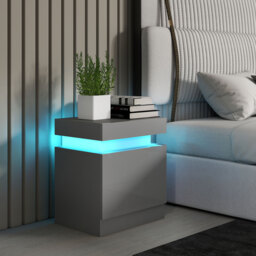 HOMCOM Grey Bedside Table with LED Light, High Gloss Front Nightstand with 2 Drawers, for Living Room, Bedroom - thumbnail 2
